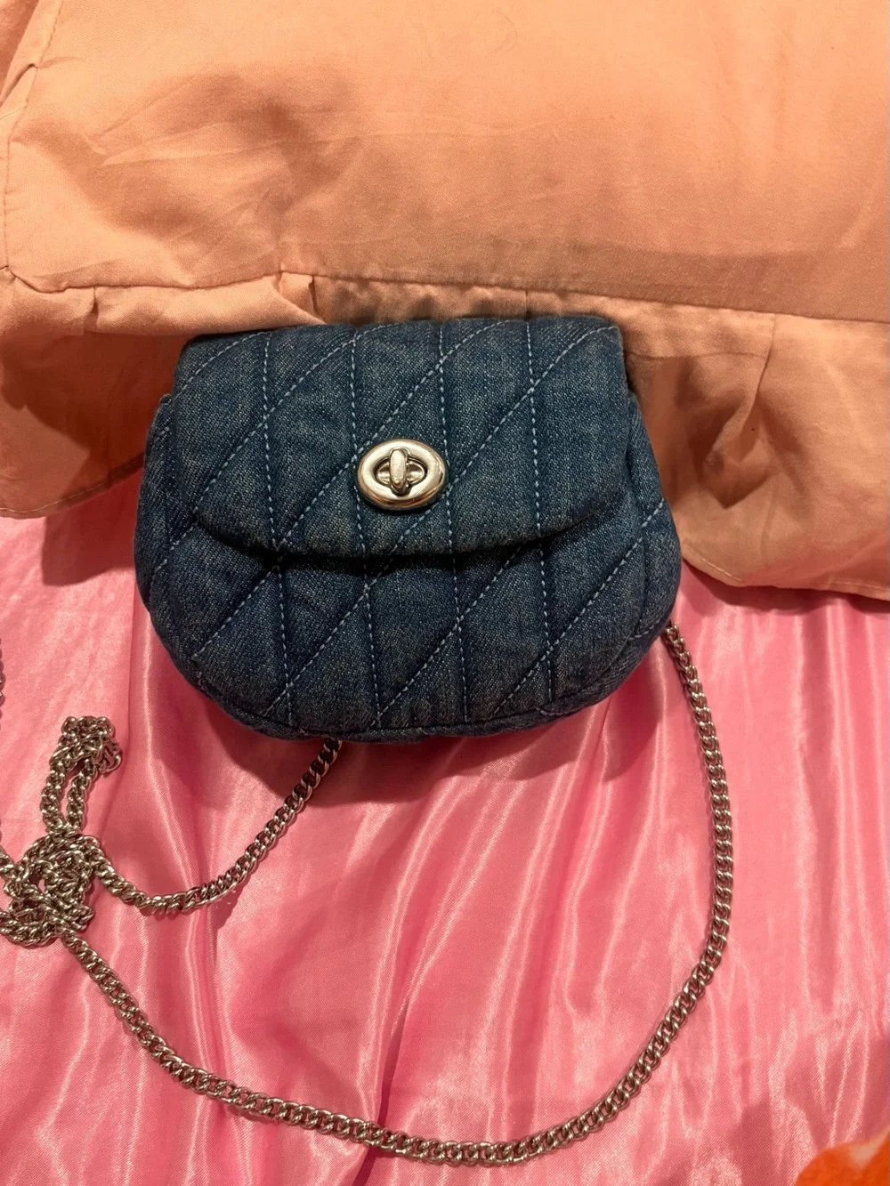 Coach Denim Quilted Crossbody with Silver Chain